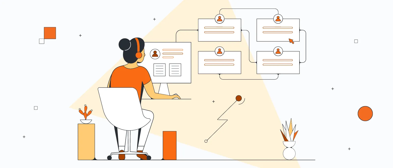 Illustration of a step-by-step consultation process with layered cards and organic flow
